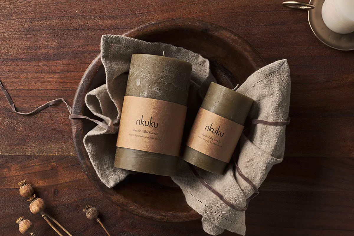 Candles|Candle Holders^Nkuku Rustic Soy Blend Pillar Candle - - Small Olive Green