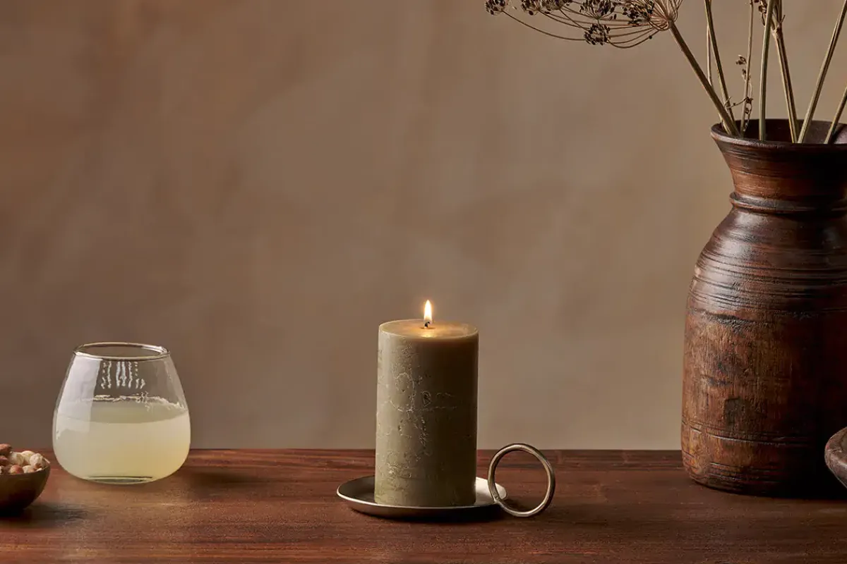 Candles|Candle Holders^Nkuku Rustic Soy Blend Pillar Candle - - Small Olive Green