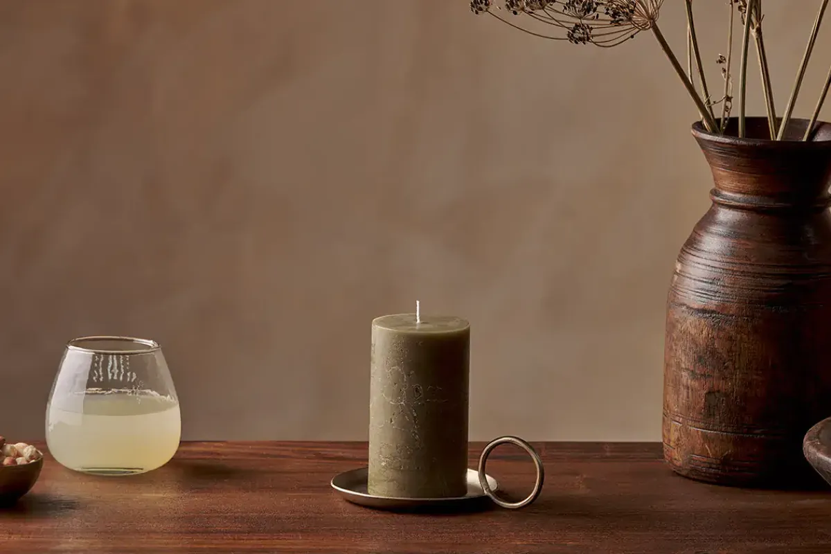 Candles|Candle Holders^Nkuku Rustic Soy Blend Pillar Candle - - Small Olive Green