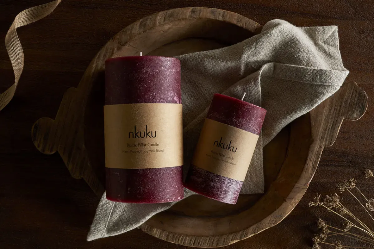 Candles|Candles & Candleholders^Nkuku Rustic Soy Blend Pillar Candle - - Small Dark Cherry