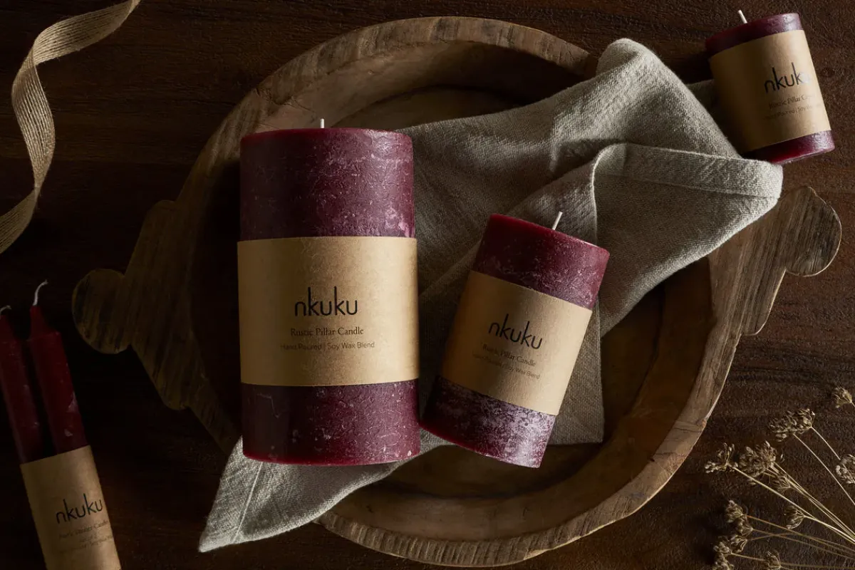 Candles|Candles & Candleholders^Nkuku Rustic Soy Blend Pillar Candle - - Small Dark Cherry