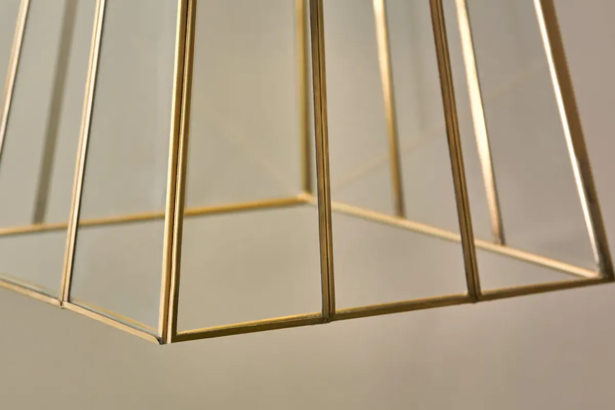 Statement Lighting|Pendant Lighting^Nkuku Solan Glass Lantern Pendant - Clear & Antique Brass