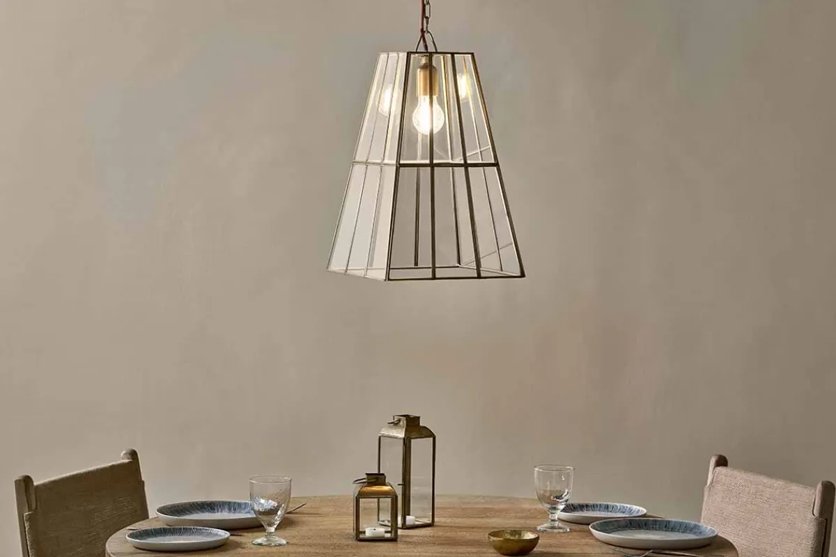 Statement Lighting|Pendant Lighting^Nkuku Solan Glass Lantern Pendant - Clear & Antique Brass