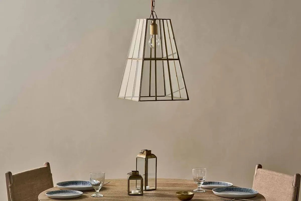 Statement Lighting|Pendant Lighting^Nkuku Solan Glass Lantern Pendant - Clear & Antique Brass