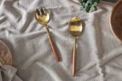 Serving Cutlery|Cutlery^Nkuku Soni Salad Servers - Gold & Acacia (Set of 2)