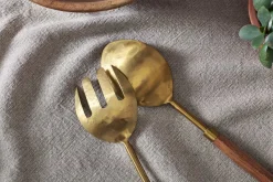 Serving Cutlery|Cutlery^Nkuku Soni Salad Servers - Gold & Acacia (Set of 2)