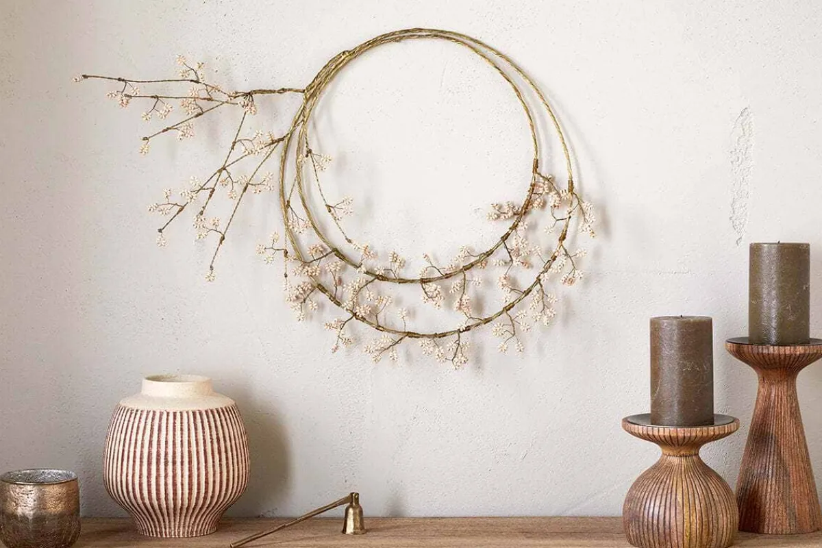 Wreaths & Garlands|New Christmas^Nkuku Tanu Layered Mango Wood Beaded Wreath - Brass & Natural