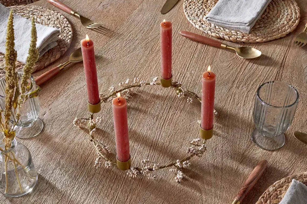 Christmas Table|New Christmas^Nkuku Tanu Mango Wood Beaded Candle Holder - Brass & Natural