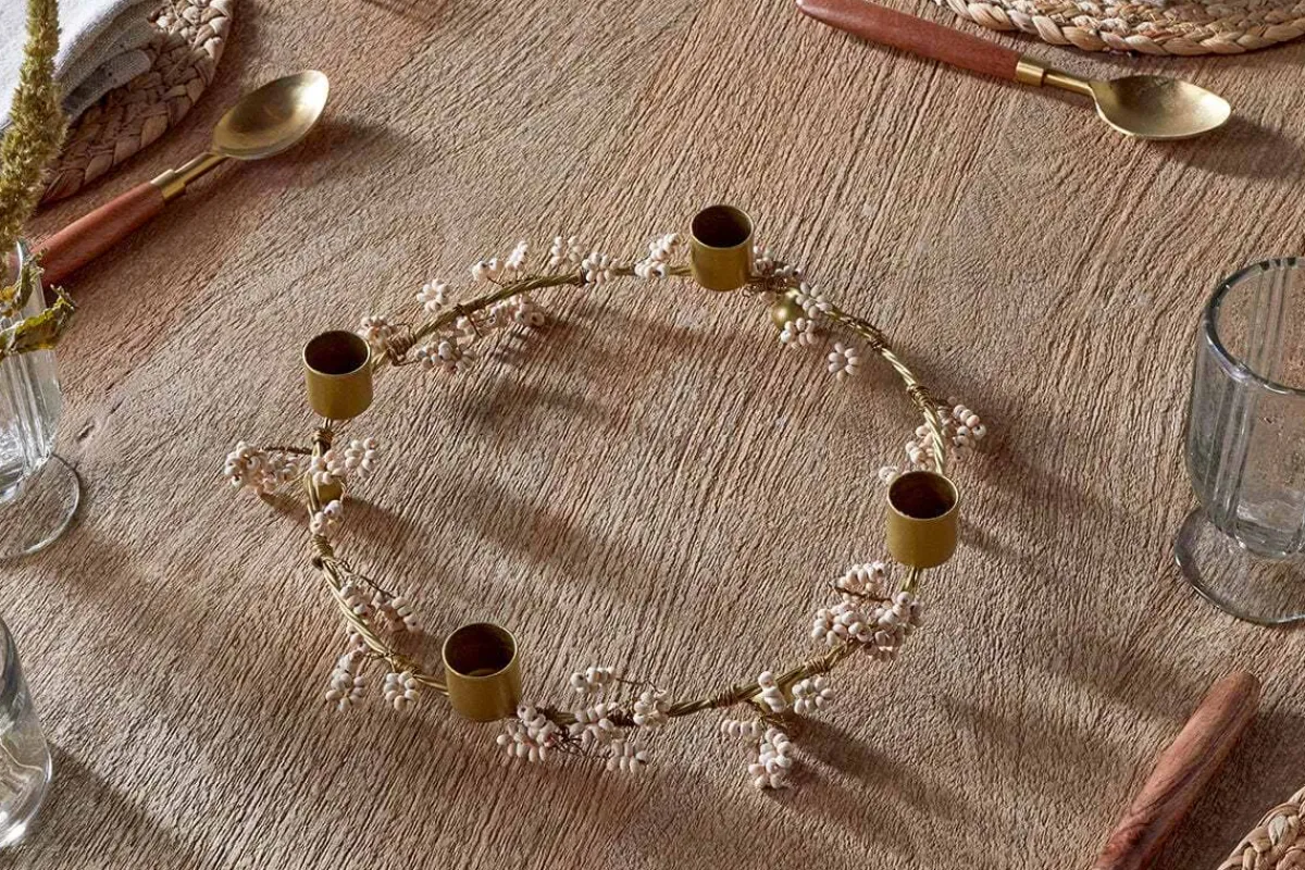 Christmas Table|New Christmas^Nkuku Tanu Mango Wood Beaded Candle Holder - Brass & Natural