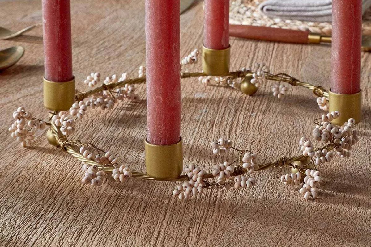 Christmas Table|New Christmas^Nkuku Tanu Mango Wood Beaded Candle Holder - Brass & Natural