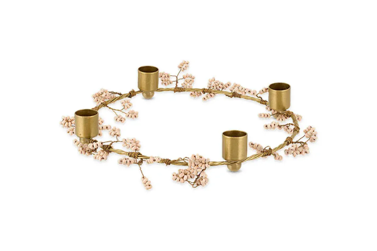 Christmas Table|New Christmas^Nkuku Tanu Mango Wood Beaded Candle Holder - Brass & Natural
