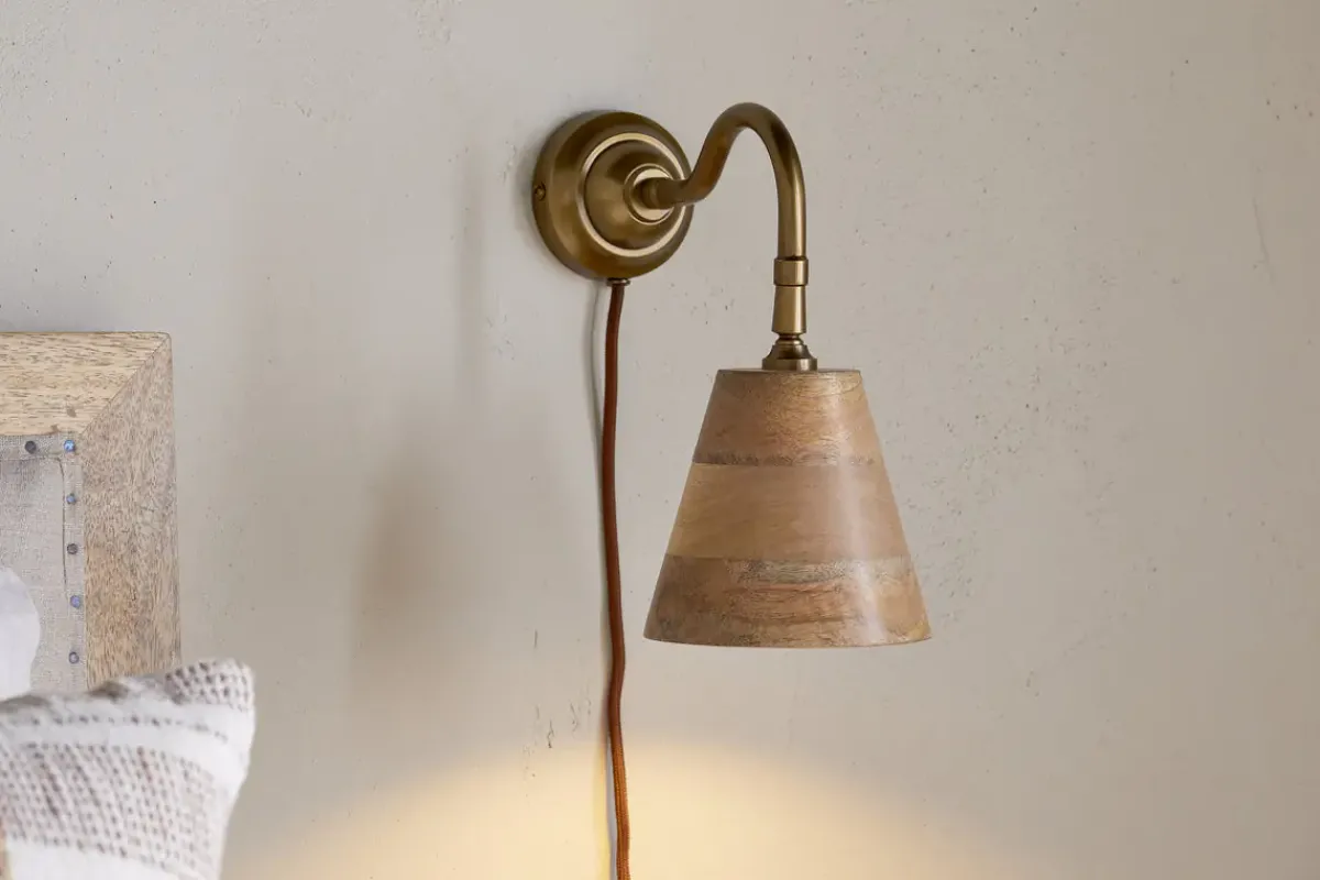 Wall Lights^Nkuku Vattu Mango Wood Plug In Wall Lamp - Natural & Antique Brass