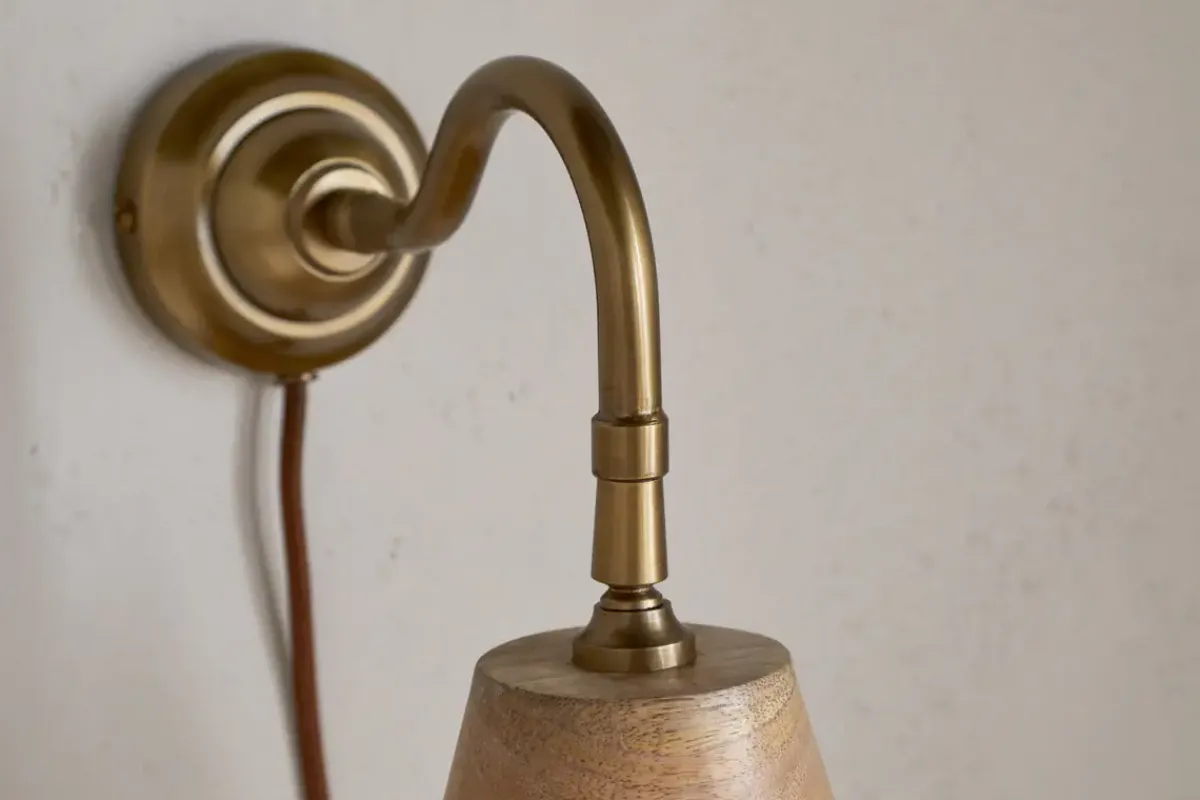 Wall Lights^Nkuku Vattu Mango Wood Plug In Wall Lamp - Natural & Antique Brass
